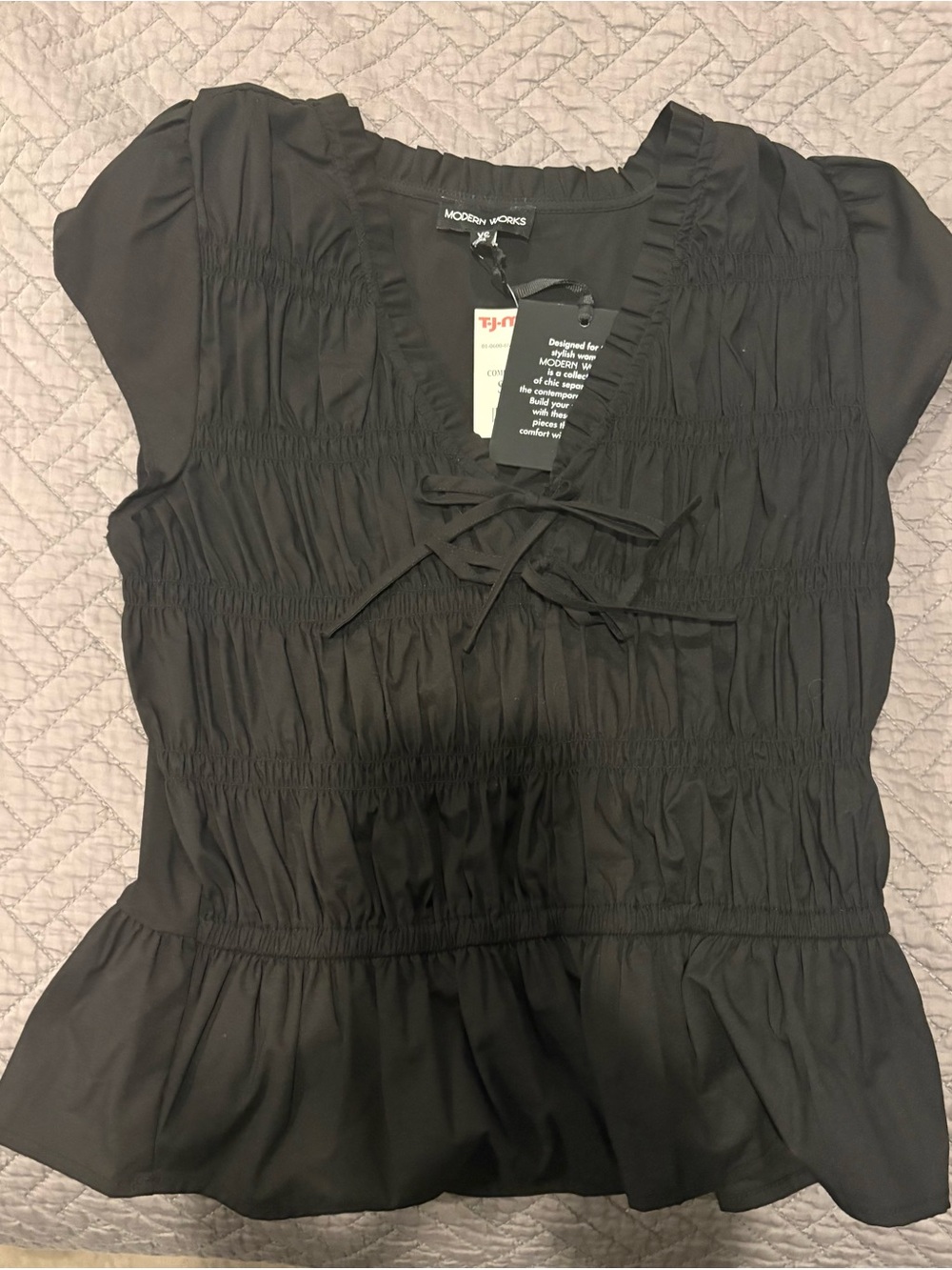 Women's Black Smocked V-Neck Peplum Top